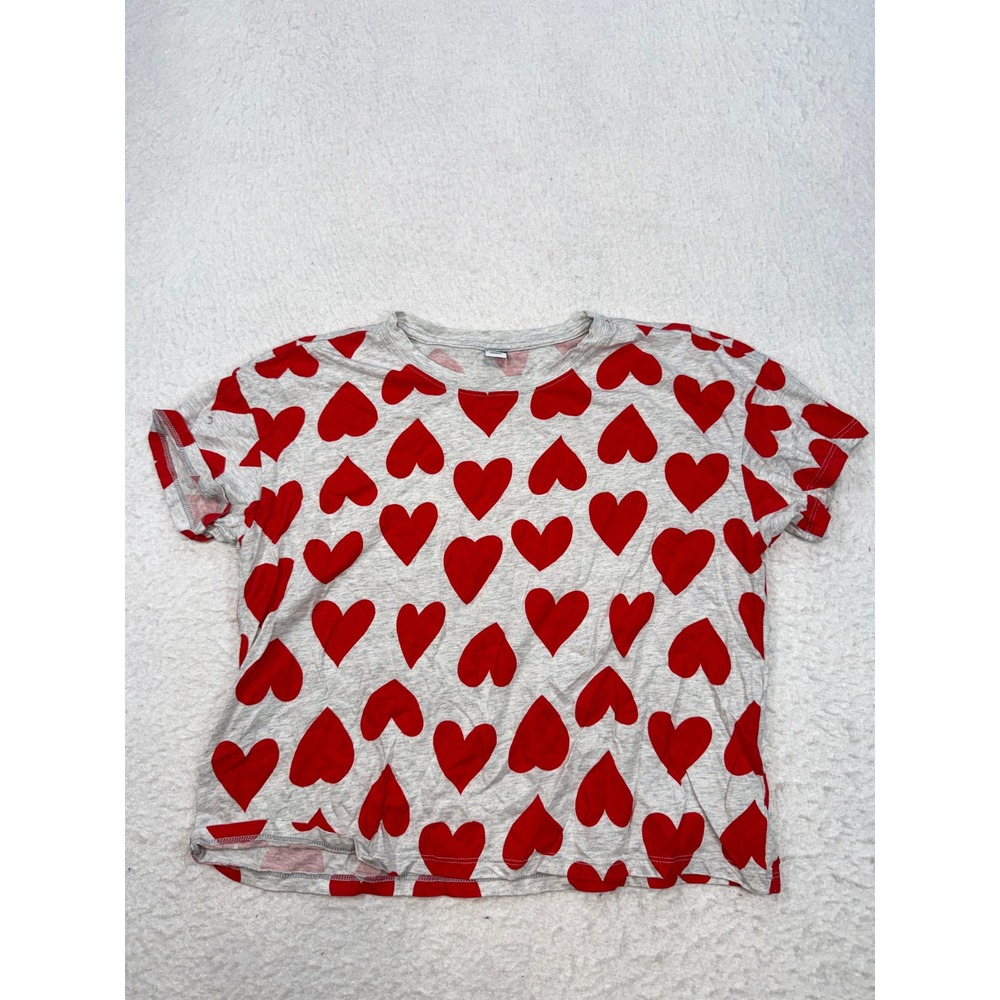 Old Navy Womens Small Grey Red Heart Print Short Sleeve T-Shirt Match The Fam